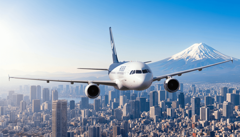 후지산 배경의 비행기